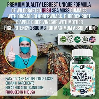 real wildcrafted irish sea moss gummies 1200mg, blended with organic burdock root, bladderwrack & apple cider vinegar, organic seamoss alkaline supplement for adults & kids immunity vegan, usa health & household