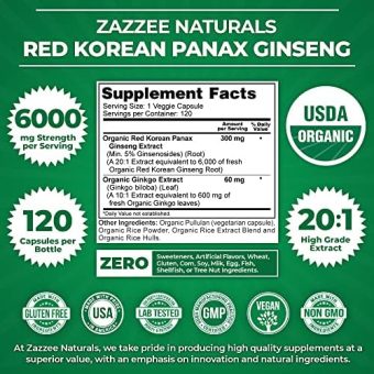 zazzee korean panax ginseng 1000mg – 120 veggie capsules | natural energy & immune support supplement