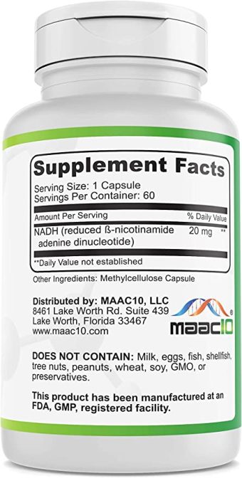 maac10 nadh 20mg | 60 capsules | energy, focus & nad+ support | 2 month supply | non gmo, enteric coated