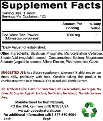 best naturals red yeast rice cholesterol support 1200 mg (non gmo) 120 tablets