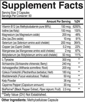 nutriflair thyroid support complex with iodine + bioperine 120 vegetarian capsules energy & focus formula, boosts brain function & metabolism