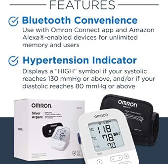 omron silver digital blood pressure monitor – bluetooth upper arm cuff with 80 readings & advanced accuracy