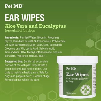 pet md dog ear cleaner wipes otic cleanser for dogs to stop ear itching, and infections with aloe and eucalyptus 100 count