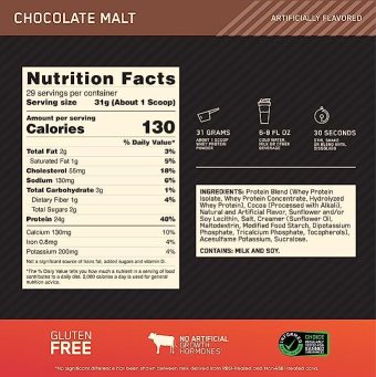 optimum nutrition gold standard 100% whey protein isolate powder, double rich chocolate, 2 lb, 29 servings