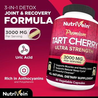 nutrivein cherry capsules antioxidants, flavonoids supports uric acid cleanse, anti inflammatory, muscle recovery, joint pain (2000mg)