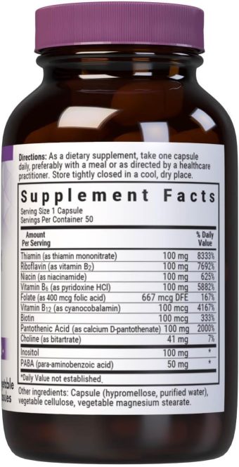 bluebonnet nutrition b complex 100 vegetable capsules, complete full spectrum, vitamin b6, b12, biotin, folate, vegan, vegetarian, gluten free, soy free, milk free, kosher, 50 vegetable capsules