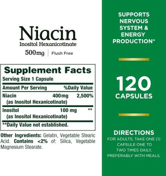 nature's bounty niacin flush pills and supplement, supports nervous system and energy production, 500mg, 120 capsules