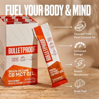 bulletproof brain octane oil go packs, keto diet friendly source of c8 energy (15 count)