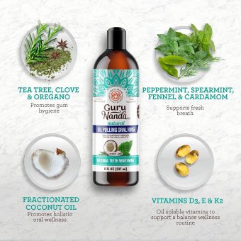 gurunanda coconut oil pulling, fresh breath & whitening mouthwash, 7 essential oils & vitamins for happy teeth & gums, alcohol free, 8 oz