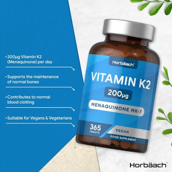 horbäach vitamin k2 mk7 200ug | 365 vegan tablets | high strength menaquinone mk 7 | supports bone health | no artificial preservatives | by