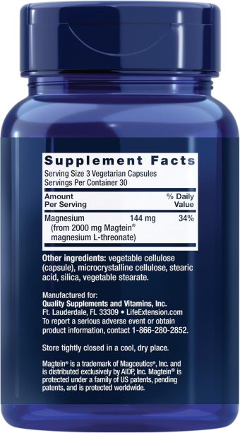 life extension neuro mag magnesium l threonate, magtein, magnesium supplement, brain health, memory & attention, gluten free, vegetarian, non gmo, 90 vegetarian capsules