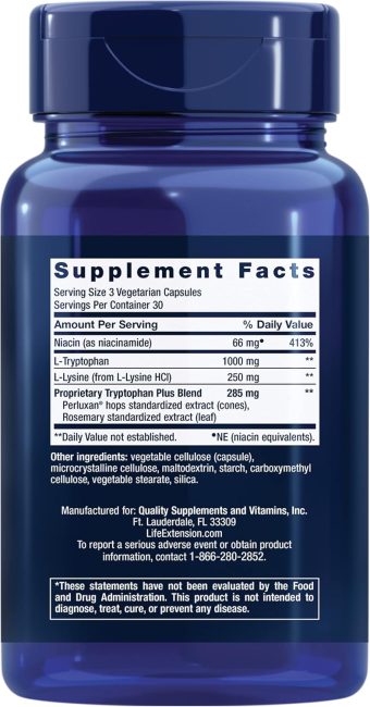 life extension optimized tryptophan plus 1000mg – 90 capsules | l tryptophan with niacin & l lysine | sleep & mood support