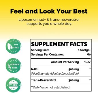 liposomal nad+ & trans resveratrol 800mg – high absorption softgels for cellular energy & healthy aging | 60 softgels