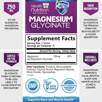 magnesium glycinate 250 mg high absorption, gentle chelated tablets for muscle, nerve, bone & heart health support 100% chelated, non gmo, gluten free, vegan, third party tested 60 tablets