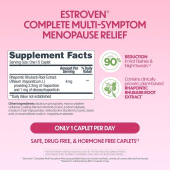 estroven complete multi symptom menopause supplement for women, 28 ct., clinically proven ingredient provide menopause relief & night sweats & hot flash relief, drug free & non gmo