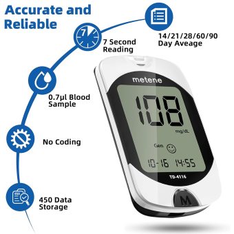 metene td 4116 blood glucose monitor kit, 100 glucometer strips, 100 lancets, 1 blood sugar monitor, blood sugar test kit with control solution, lancing device, no coding, large display