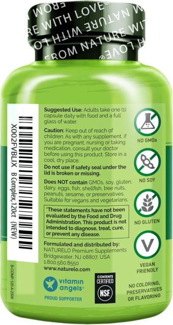 naturelo b complex whole food with vitamin b6, folate, b12, biotin vegan vegetarian best natural supplement for energy and stress high potency non gmo gluten free 120 capsules
