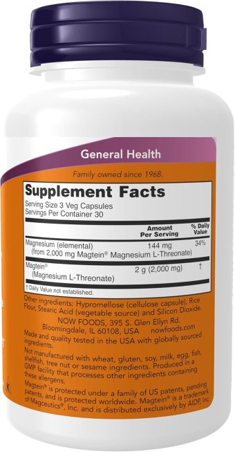now foods magtein magnesium l threonate – cognitive & brain health support – 90 veg capsules