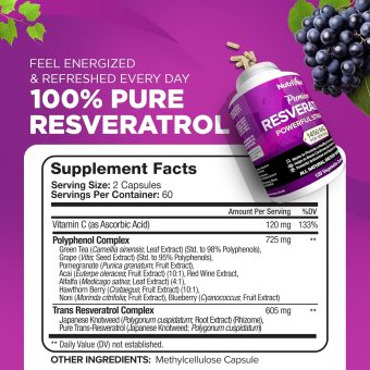 nutrivein resveratrol 1450mg antioxidant supplement 120 capsules – supports healthy aging & promotes immune, brain boost & joint support made with trans resveratrol, green tea leaf, acai berry