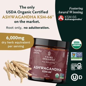 tribe organics ashwagandha ksm 66 pure organic root powder extract ayurvedic supplement focus mood support increase energy strength 600mg of natural ksm66 for superior absorption 90 capsules