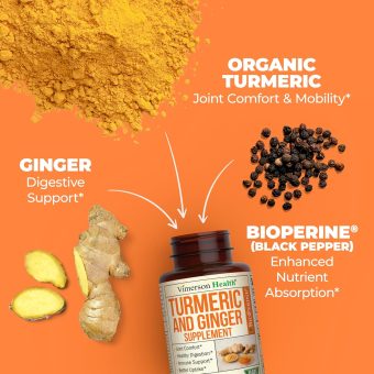turmeric curcumin with ginger and bioperine. vegan joint pain relief, anti inflammatory, antioxidant, anti aging supplement with 10 milligrams of black pepper for better absorption. natural non gmo