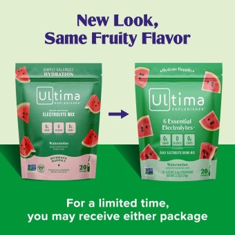 ultima replenisher electrolyte hydration drink mix, watermelon, 20 count stickpacks sugar free, 0 calories, 0 carbs gluten free, keto, non gmo, vegan, with magnesium, potassium, calcium
