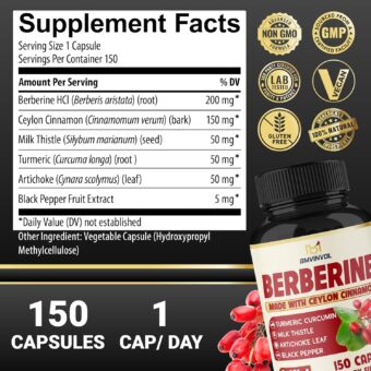 berberine supplement equivalent to 4700mg 5 months supply high potency with ceylon cinnamon supports immune system, cardiovascular & gastrointestinal function berberine hcl supplement pills