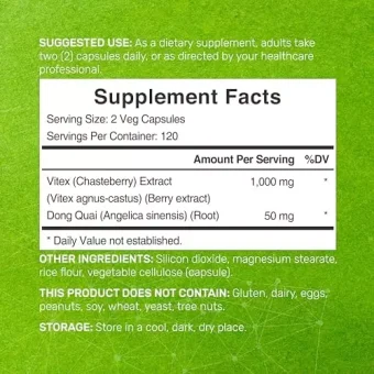 chasteberry supplement 1000mg per serving plus dong quai root, 240 veggie capsules – supports hormone balance for women, fertility, pms symptoms & menopause health & household