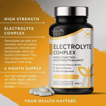 electrolyte complex high strength tablets with added magnesium, potassium & calcium muscle function and electrolyte balance 240 vegan tablets no synthetic binders made in the uk by nutravita