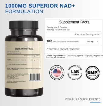 vinatura nad supplement 1000mg – high potency nad+ formula | 60 capsules | 30 day supply