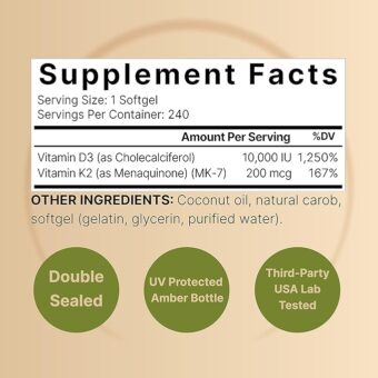 naturebell vitamin d3 k2 (10,000 iu vitamin d + 200mcg vitamin k mk 7) 240 softgels with coconut oil