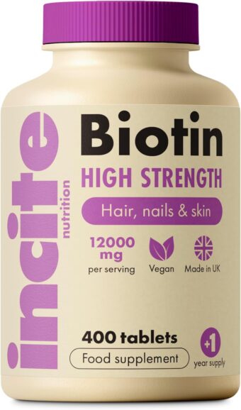 incite nutrition biotin hair support supplement 12,000 mcg – 400 easy swallow tablets | full year supply for men & women