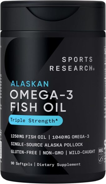 sports research® omega 3 fish oil 1250 – triple strength – 90 softgels