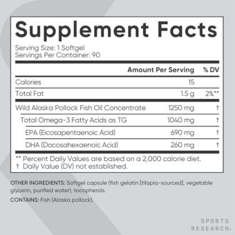 sports research® omega 3 fish oil 1250 – triple strength – 90 softgels