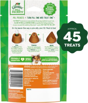 greenies feline pill pockets for cats – natural soft cat treats with chicken flavor – 1.6 oz (45 treats)
