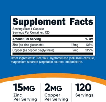 nutricost zinc + copper capsules (120 servings)(15mg zinc + 2mg copper per serving)