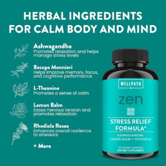 wellpath zen stress relief & mood support capsules – ashwagandha, rhodiola, l theanine & lemon balm – vegan formula – 60 capsules