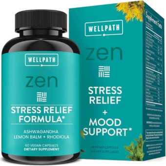 wellpath zen stress relief & mood support capsules – ashwagandha, rhodiola, l theanine & lemon balm – vegan formula – 60 capsules