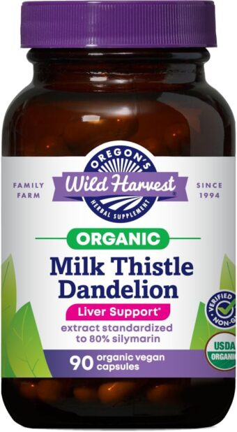 oregon's wild harvest certified organic milk thistle dandelion capsules liver support extract standardized to 80% silymarin, 90 count
