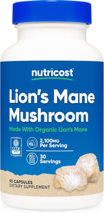 nutricost organic lion's mane mushroom capsules 2100mg, 30 servings certified ccof organic, vegetarian, gluten free, 700mg per capsule, 90 capsules