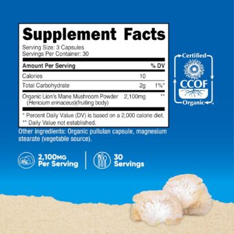 nutricost organic lion's mane mushroom capsules 2100mg, 30 servings certified ccof organic, vegetarian, gluten free, 700mg per capsule, 90 capsules
